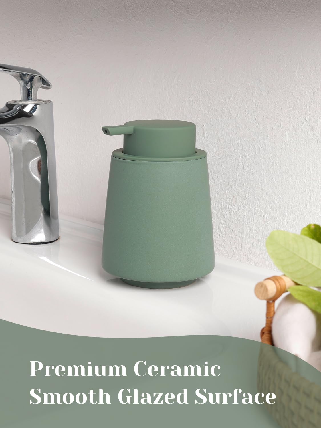 INGOFIN Ceramic Soap Dispenser, 14 oz Bathroom Hand Soap Dispenser, Liquid Dispenser with Pump, Refillable Modern Lotion Dish Dispenser for Kitchen, Matte Green