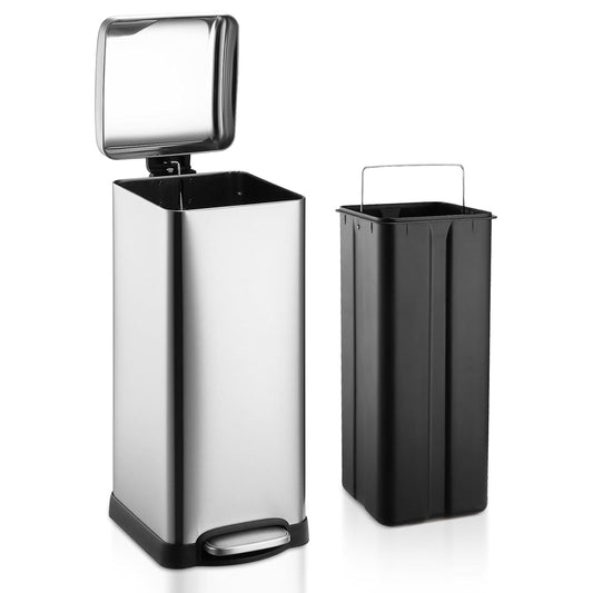 TrailBlaze 8Gallon / 30L Kitchen Trash Can, Stainless Steel Rectangular Pedal Recycle Bin with Soft-Close Lid, Removable Inner Bucket, Fingerprint-Proof, Step Trash Can for Home, Kitchen