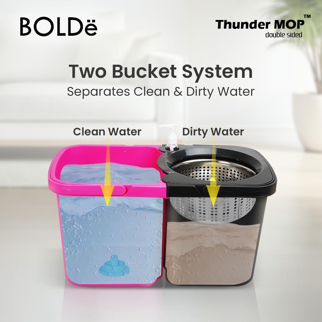 Thunder Mop Spin System - 2 Compact Stackable 6L Buckets, Microfiber Head, Stainless Steel Wringer, Antifungal Quick-Dry Cleaning, Soap Dispenser, 3 Free Refills (Lt Green/Dk Green)