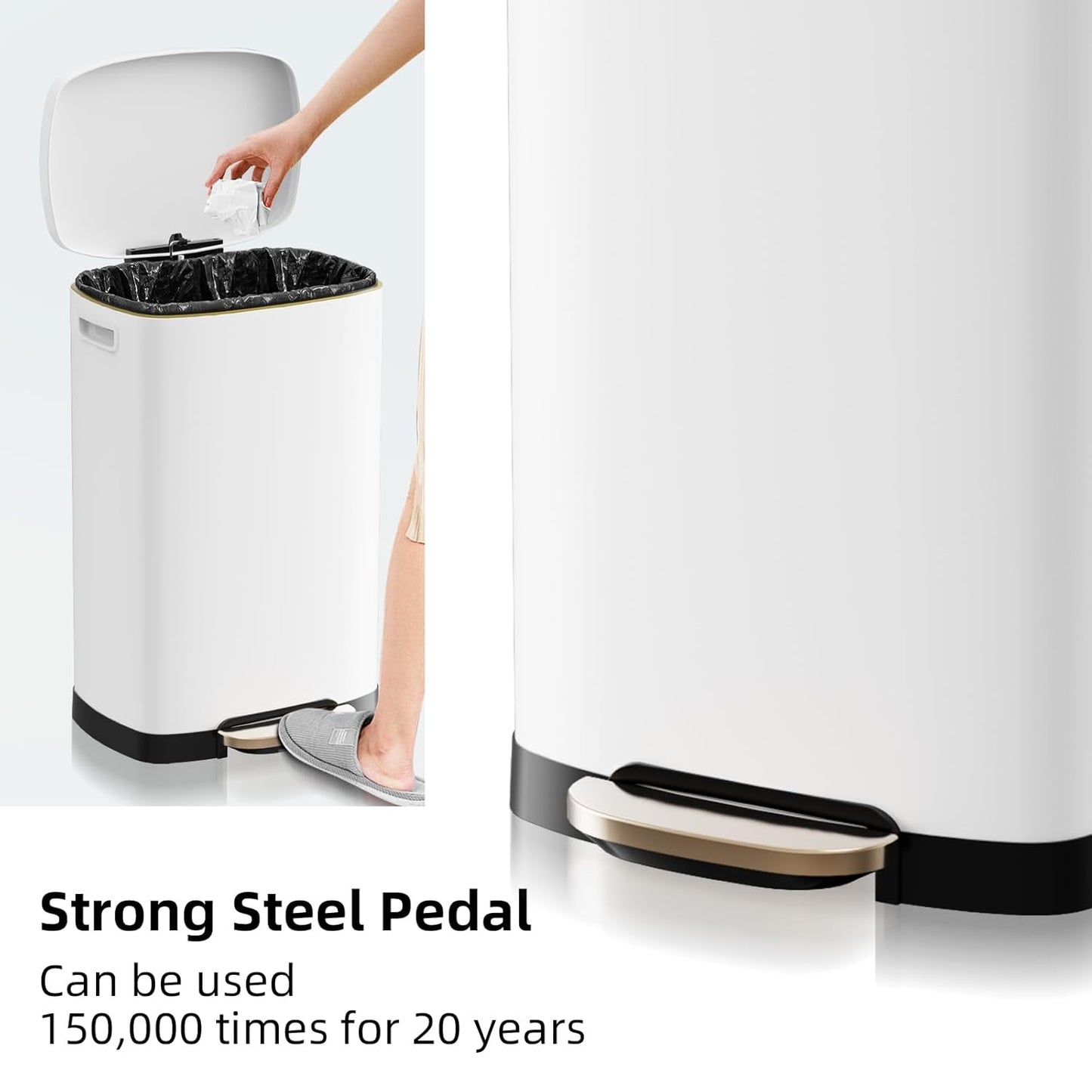 13 Gallon Trash Can with Lid, 50L Fingerprint Proof Stainless Steel Kitchen Trash Can with Removable Inner Bucket and Lid Soft Close, Pedal Rubbish Bin for Home Office, White