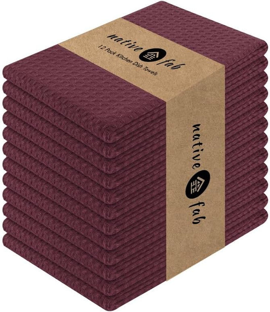 Native Fab Cotton Kitchen Towel with Hanging Loop 16x26 inches, 12-Pack, Waffle Weave Kitchen Towels for Cleaning Drying, Washcloths Soft & Absorbent Cloth Rags, Bar Towel, Dish Cloth, Burgundy Wine