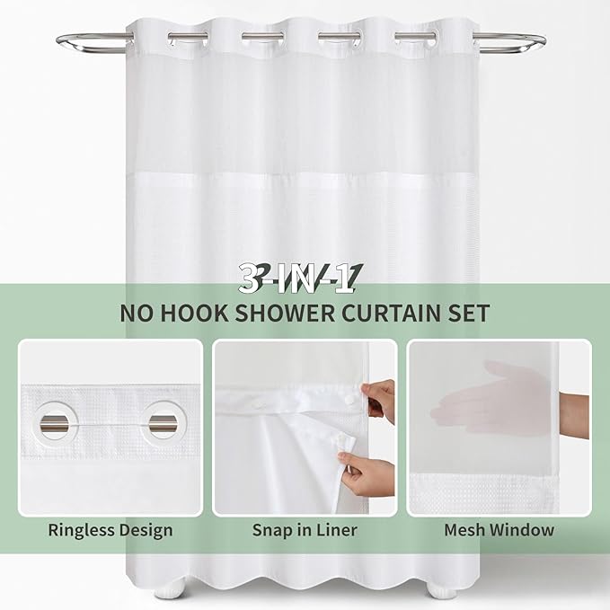 Stall No Hook Shower Curtain with Snap-in Fabric Liner Set,Waffle Weave Shower Curtains for Bathroom,Hotel Luxury Decor Bathroom Curtain Set,Waterproof & Washable,White,36Wx74H