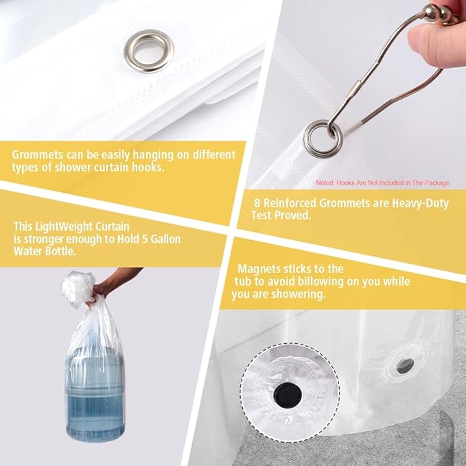 Narrow Size Clear Plastic Shower Curtain Liner, 48x72 Inch Thin Lightweight Transparent Plastic Bathroom Shower Showroom Inner Curtain with Rustproof Metal Grommet Holes and Weighted Magnets
