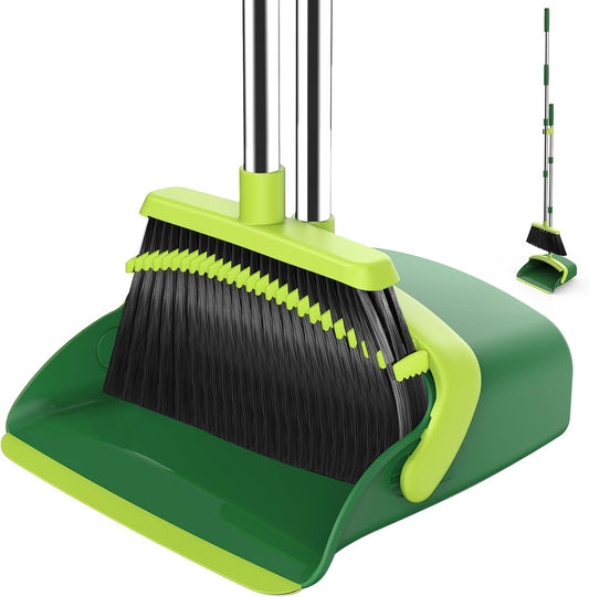 Broom and Dustpan Set, 52-in Long Adjustable Handle Broom Dustpan Combo with Dust pan Teeth to Automatically Clean Hair Suitable for Home Kitchen Office Hall Floor（Green）