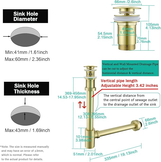 Brass Round Bottle P-Trap with Pop Up Drain Stopper with Overflow,1 1/4 Adjustable Basin Sink Waste Drain Trap Kit,Brushed Gold P Trap