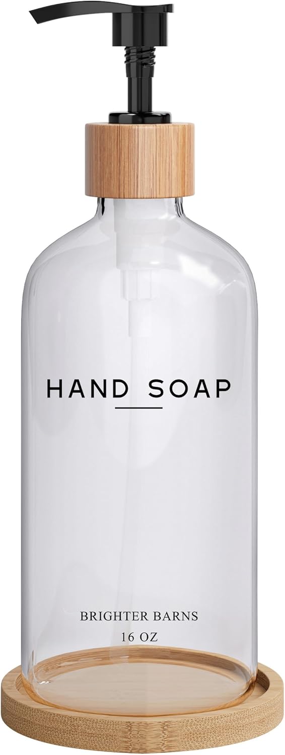Glass Hand Soap Dispenser Bathroom Set by Brighter Barns - Hand Soap Dispenser for Kitchen Sink & Bathroom - Refillable Pump Bottle Set - Neutral Home Decor for Airbnb, Vacation Rental, Hotel (Clear)