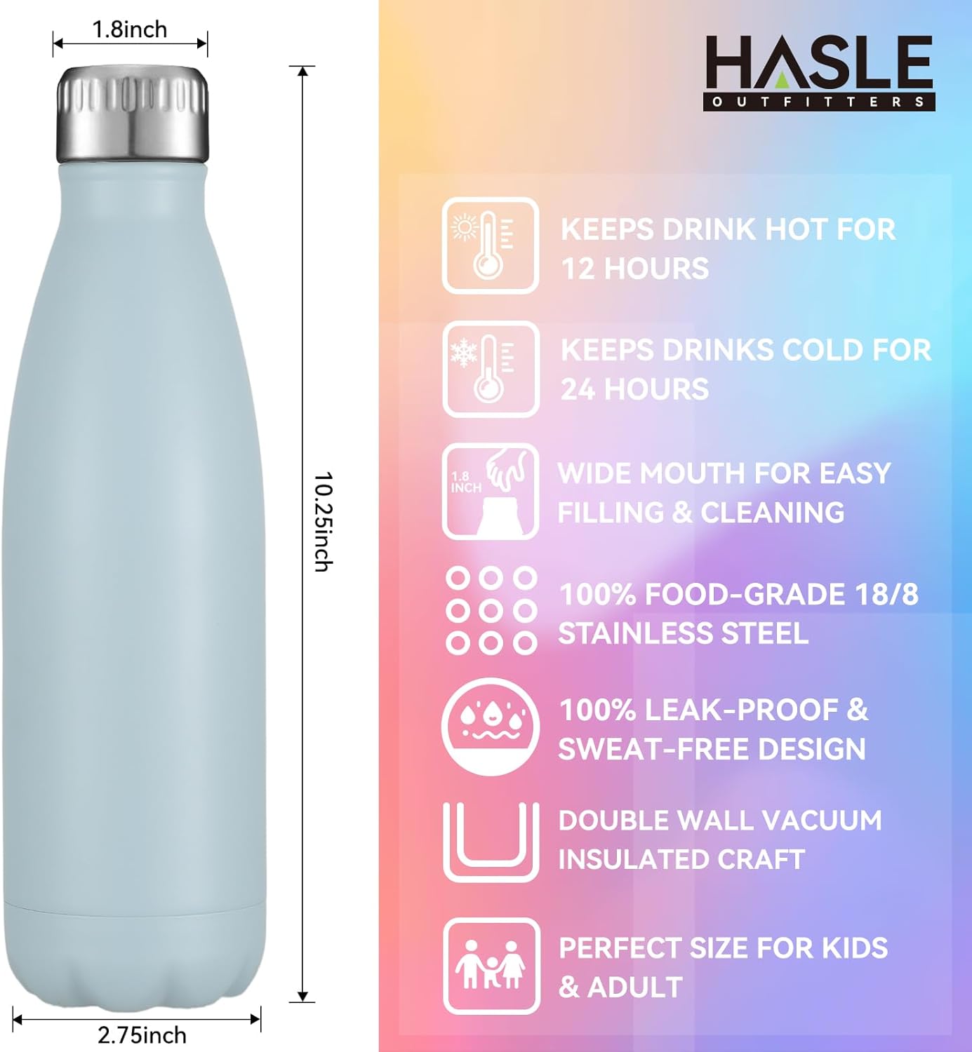 HASLE OUTFITTERS 17oz Stainless Steel Water Bottles, Vacuum Insulated Water Bottles Double Walled Powder Coated Reusable Metal Sports Water Bottles Keep Drinks Hot and Cold,Sky Light Blue, 1Pack