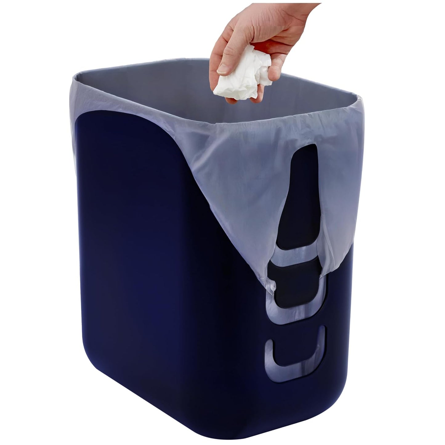 STORi Luup Bathroom Wastebasket, Secure Grocery Bags, Plastic Garbage Container for Vanity, Laundry Room, Kitchen, Office, 2.5 Gallon, Navy, Made in USA