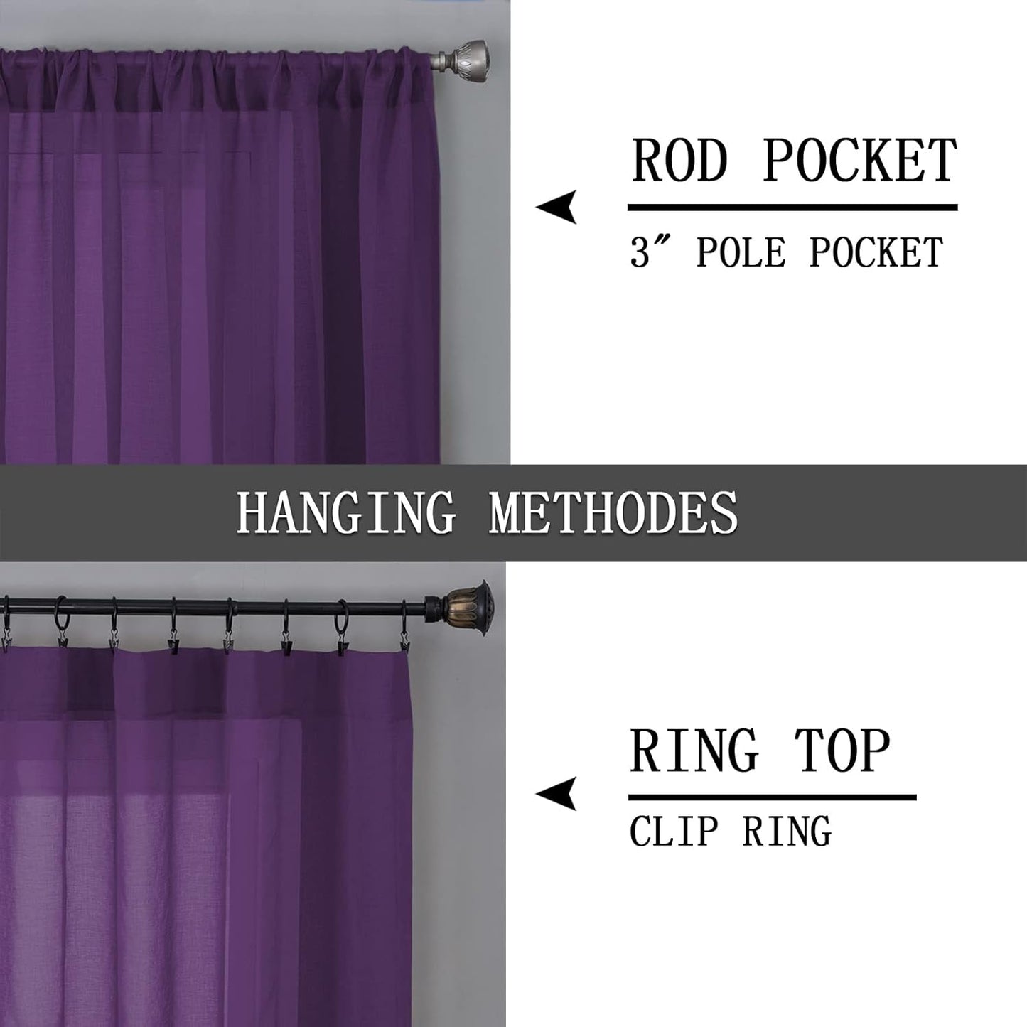 Tollpiz Sheer Curtains Linen Textured Bedroom Curtain Sheers Light Filtering Rod Pocket Voile Curtains for Living Room, 54 x 84 inches Long, Royal Purple, Set of 2 Panels