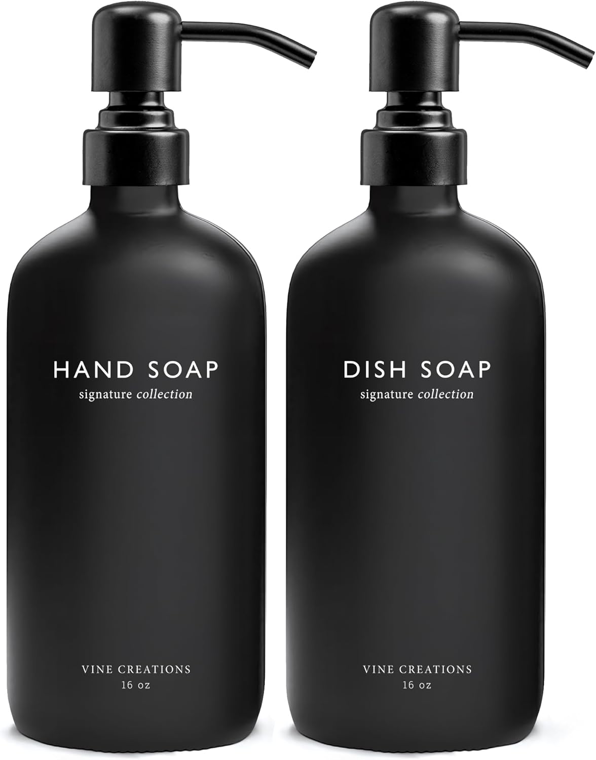 Vine Creations Black Glass Soap Dispenser Set, Dish Soap and Hand Soap Dispenser Set with Stainless Steel Pump, 16 oz Glass Dispensers for Kitchen Bathroom Decor (Matte Black Bottle/Matte Black Pump)