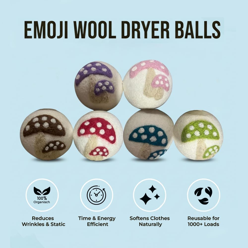 Ezhippie Quality Wool Dryer Balls - 6 XL Mushroom Pack - 1000+ Loads - Pure Organic Wool - Reusable Natural Fabric Softener Perfect with Essential Oils, Reduce Clothing Static and Wrinkles