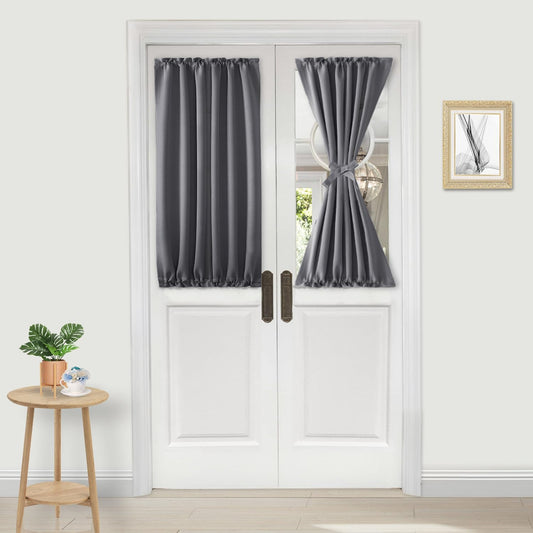 DWCN French Door Curtains – Rod Pocket Thermal Blackout Curtain for Doors with Glass Window, Kitchen and Patio Doors for Privacy, 25 X 40 Inches Long, 1 Curtain Panel with Tieback, Grey