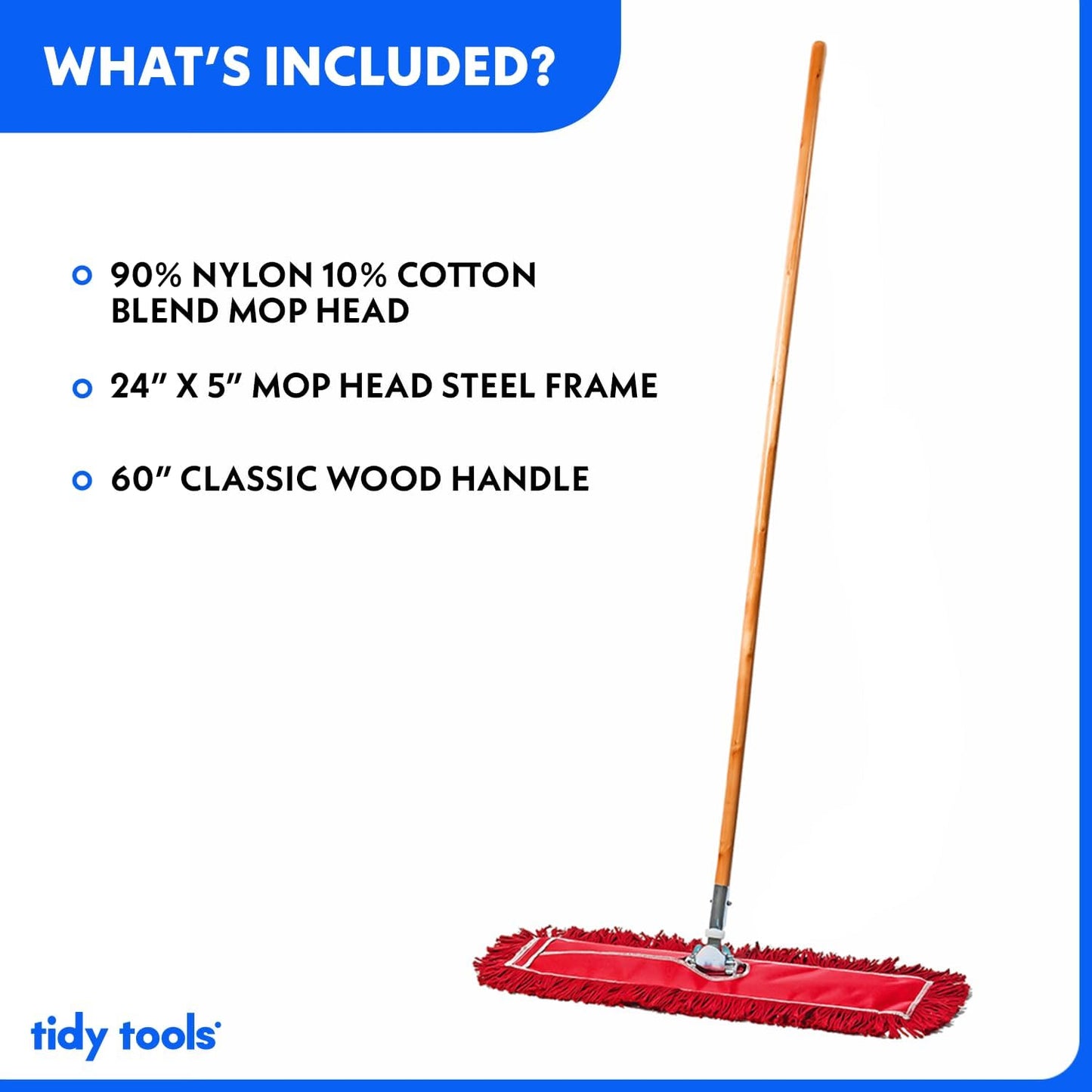 24 Inch Red Commercial Dust Mop & Floor Sweeper – Wood Handle Floor Mop for Tile, Hardwood & Concrete