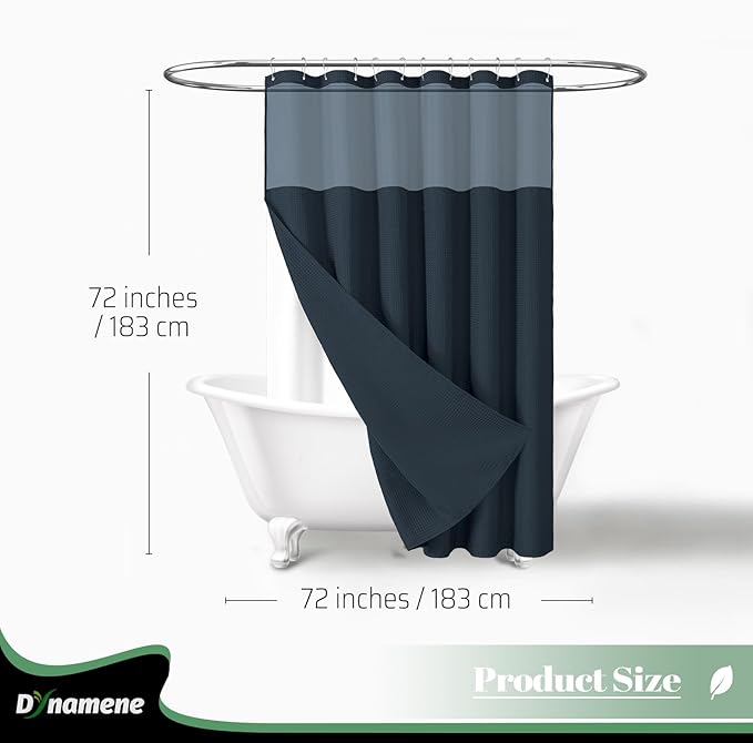 Dynamene Fabric Shower Curtain with Snap in Liner, Navy Blue Waffle Hotel Shower Curtains for Bathroom, Washable Waterproof Cloth Shower Curtain Liner Set with Plastic Hooks, Mesh Top Window, 72x72