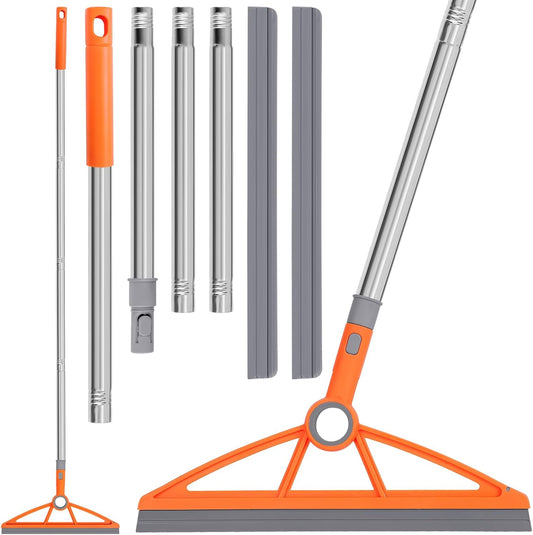 2-in-1 Air Broom, 180° Rotating 54 Inch Adjustable Silicone Rubber Broom Includes 2 Scraping Strips, Sweep and Silicone Tools with Long Handle for Cleaning Bathrooms,Glass,Tiles,Pet Hair