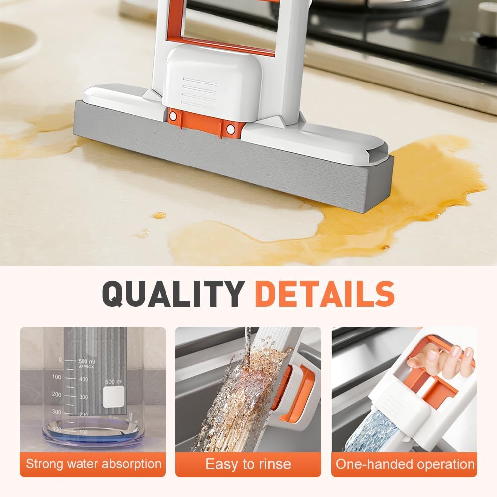 Mini Foldable Desktop Mop, Wet and Dry Portable Cleaning Sponge Mop,Self Squeezing Mini Sponge Mop with One Replaceable Head,for Small Spaces,Bathroom,Kitchen,Glass (Orange/1pcs)