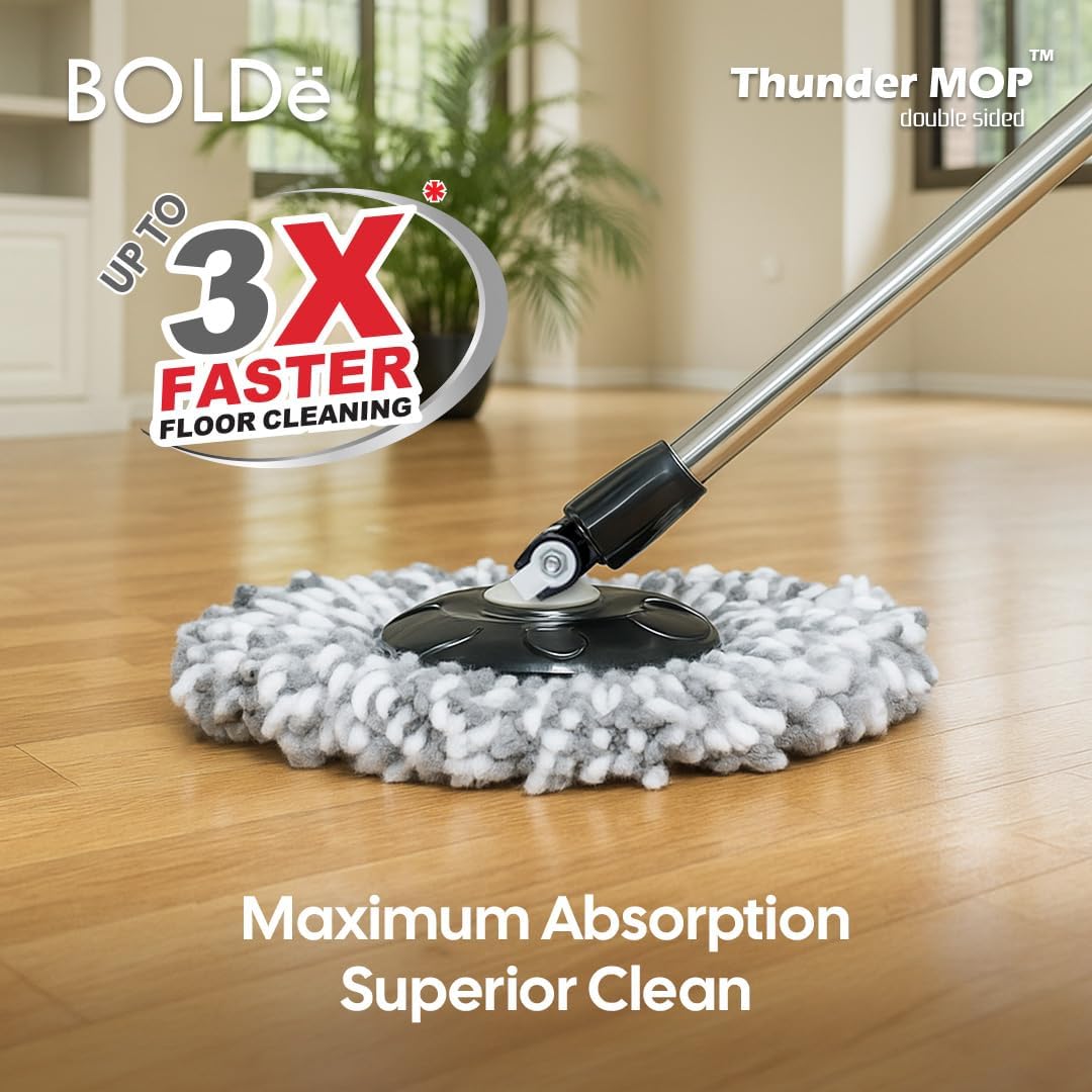 Thunder Mop Spin System - 2 Compact Stackable 6L Buckets, Microfiber Head, Stainless Steel Wringer, Antifungal Quick-Dry Cleaning, Soap Dispenser, 3 Free Refills (Black/Grey)