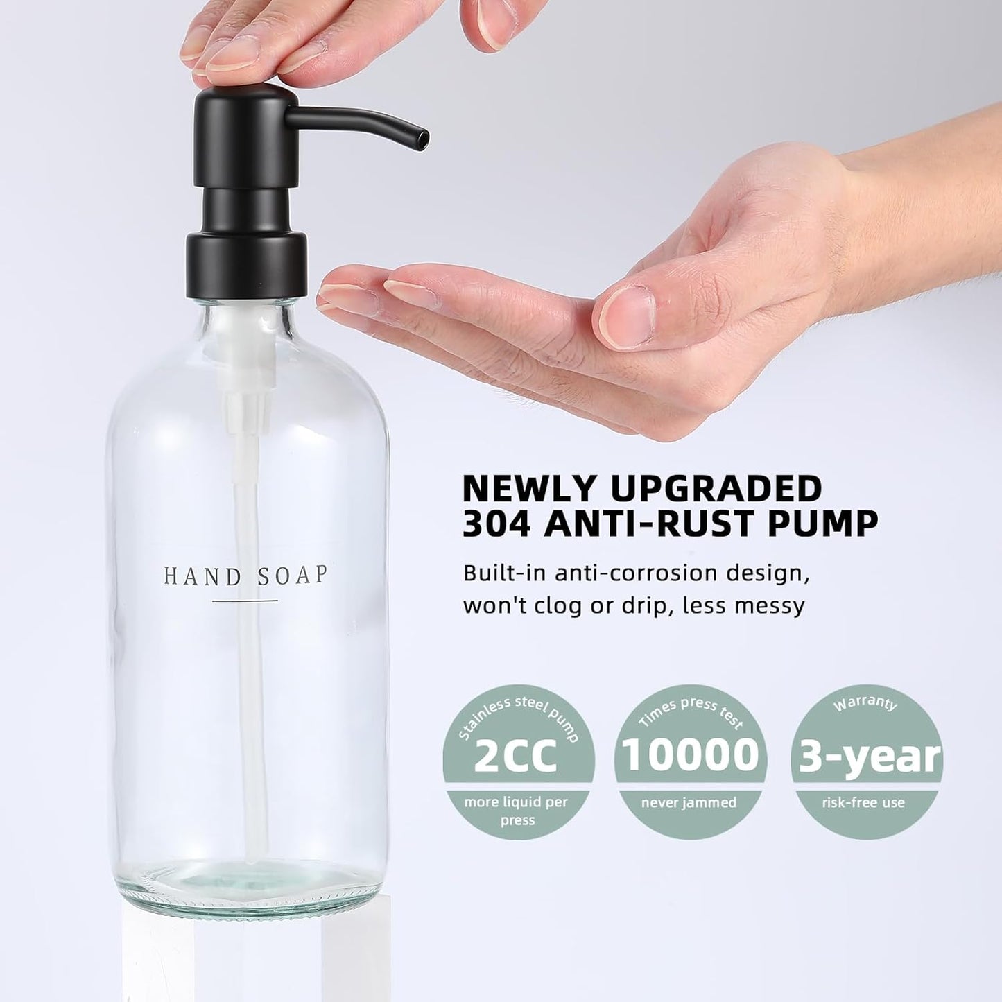 Glass Soap Dispenser - Dish Hand Soap Dispenser for Kitchen, Bathroom Soap Lotion Dispenser with 304 Rust Proof Pump, Tray, Clear Bottle/Black Pump