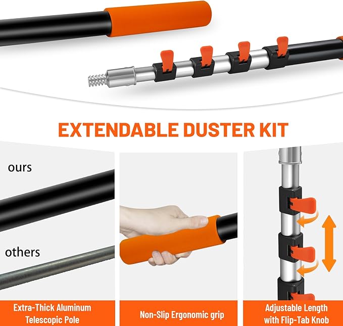 20ft High Reach Duster Kit with Extendable Pole (5-12ft),High Ceiling Duster Kit Includes–Ceiling Fan Blade Cleaner, Cobweb Remover, Bendable Duster, Microfiber Glass Scrubber & Squeegee & Swivel Head