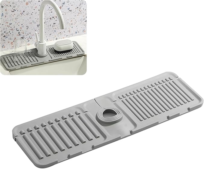 Faucet Mat for Kitchen Sink - 2024 Premium Upgrade: Enhanced Silicone Splash Guard with Rapid Drying & Dish Soap Sponge Holder, Perfect for Stone Sinks in Kitchen & Bathroom (Gray, 3 Pack)