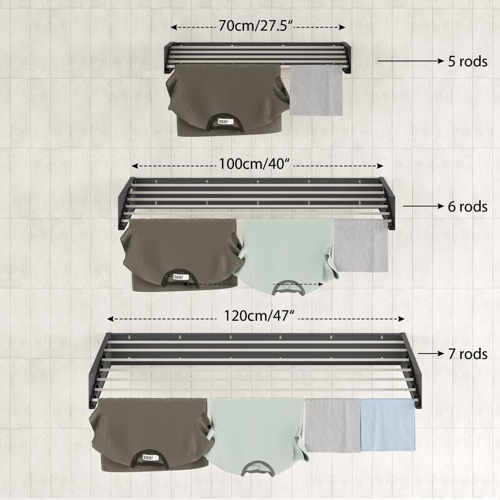 Step Up Laundry Drying Rack (40-INCH Industrial Gray), Wall Mounted, Retractable Clothes Drying Rack, 60lbs Capacity, 20 Linear Ft, with Wall Template and Long Screwdriver Bit