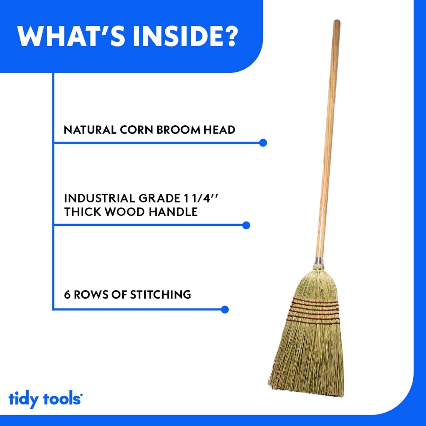 Corn Broom with Wood Handle Heavy Duty Indoor Outdoor Broom (1 1/4 Inch Handle)