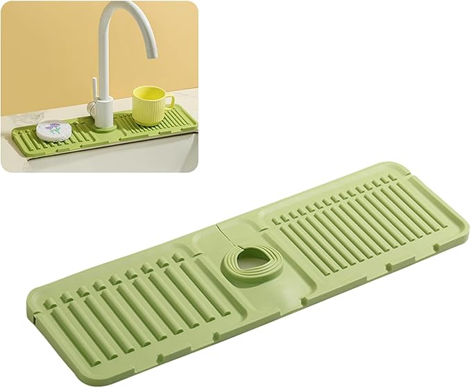 Faucet Mat for Kitchen Sink - 2024 Premium Upgrade: Enhanced Silicone Splash Guard with Rapid Drying & Dish Soap Sponge Holder, Perfect for Stone Sinks in Kitchen & Bathroom (Green, 3 Pack)
