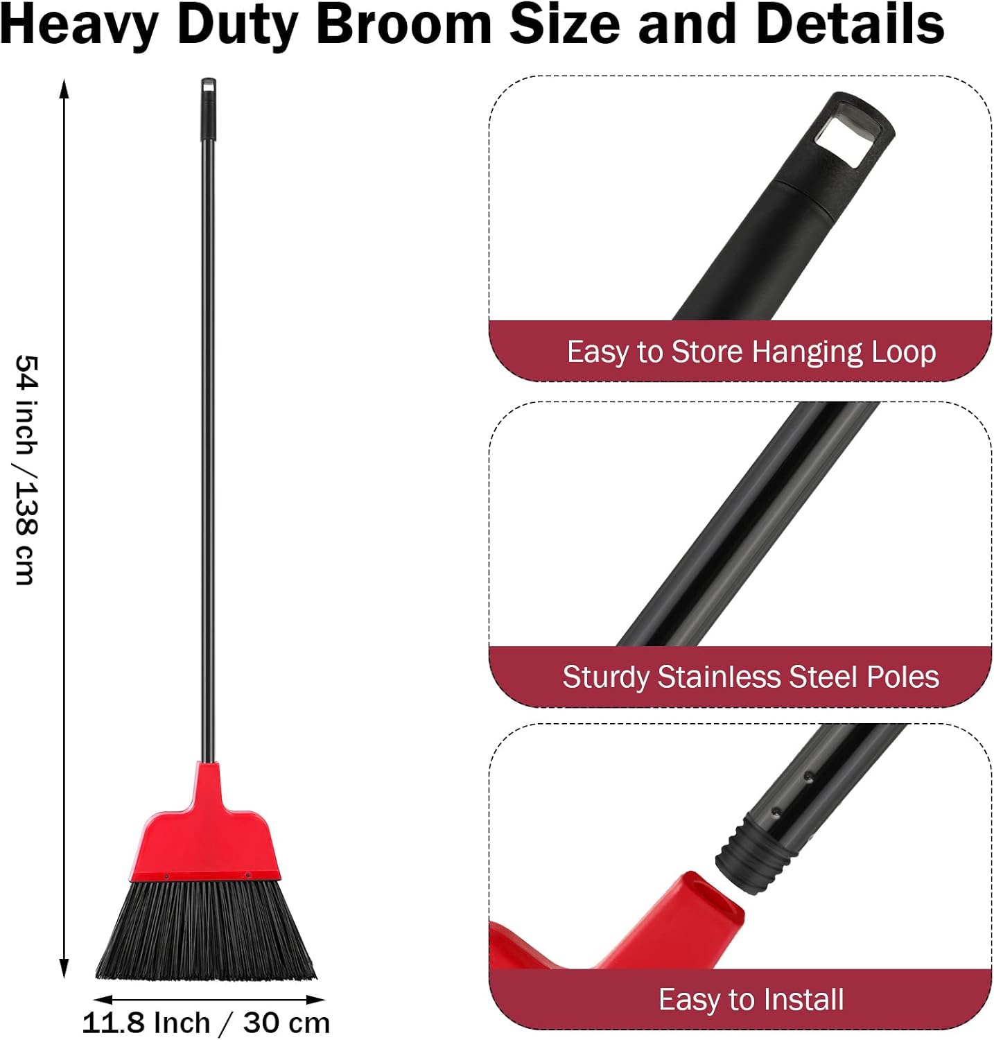 8 Pcs Outdoor Broom for Floor Cleaning 54 Inch Commercial Heavy Duty Broom Long Handle Kitchen Household Angle Brooms for Sweeper Sweeping Indoor Dust Hair Cleaner Corn Shop(Red)