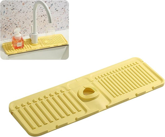 Faucet Mat for Kitchen Sink - 2024 Premium Upgrade: Enhanced Silicone Splash Guard with Rapid Drying & Dish Soap Sponge Holder, Perfect for Stone Sinks in Kitchen & Bathroom (Yellow, 1 Pack)