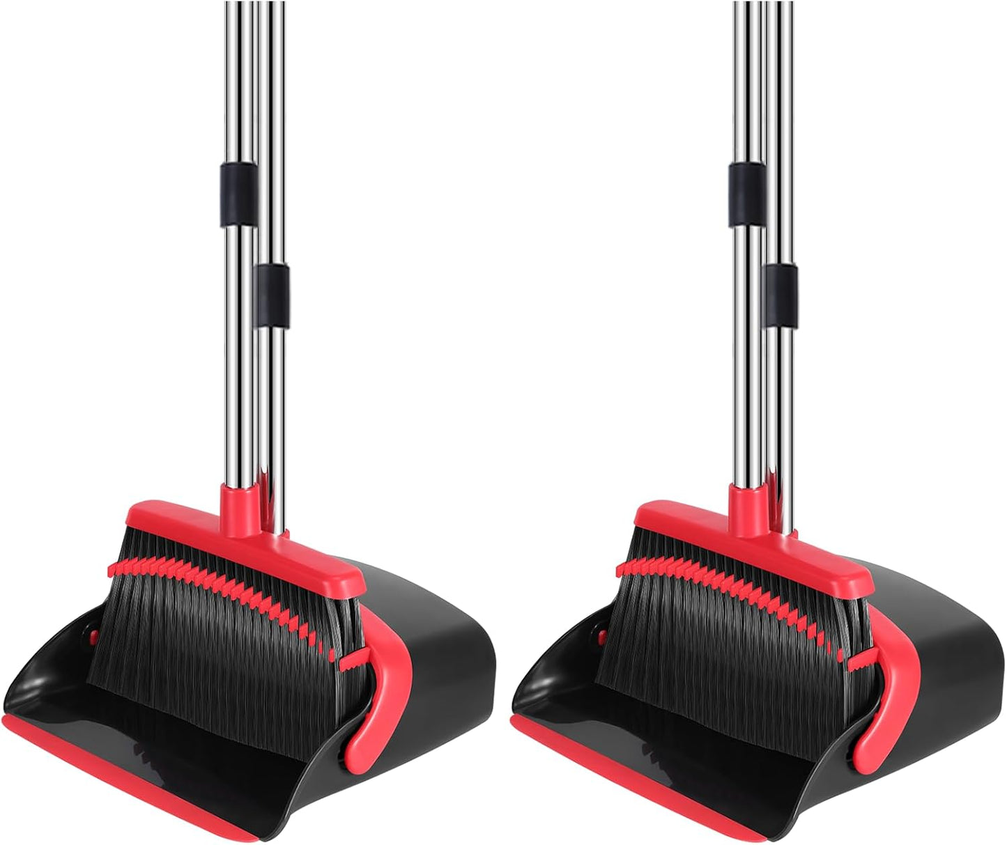 NACENA Broom and Dustpan Set, 52-in Long Adjustable Handle Broom Dustpan Combo with Dustpan Teeth to Automatically Clean Hair Suitable for Home Kitchen Office Hall Floor (Black&Red), 2 Pack
