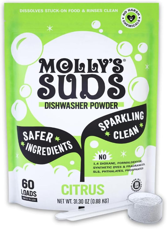 Molly's Suds Dishwasher Powder | Clean Dishwasher Detergent, Cuts Grease & Rinses Clean (Residue-Free) for Sparkling Dishes | 60 Loads (Citrus)