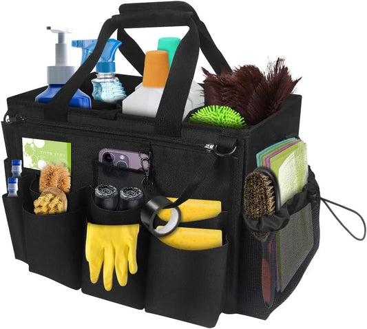 Qivine Cleaning Caddy with Handle, Cleaning Supply Caddy Foldable Tool Bag Cleaning Products Organizers Portable Cleaning Bucket Organiser for Storing Towels（Black Square）