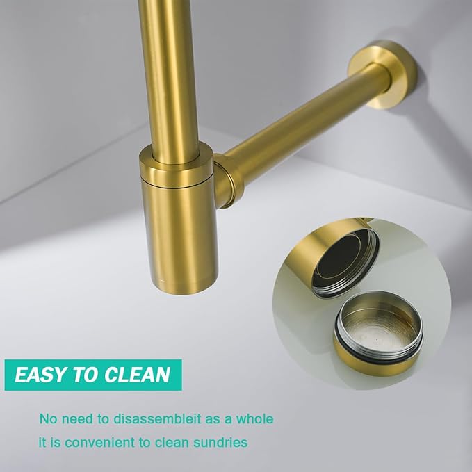 Brass Round Bottle P-Trap with Pop Up Drain Stopper,1 1/4 Adjustable Basin Sink Waste Drain Trap Kit without Overflow, Champagne Bronze P Trap