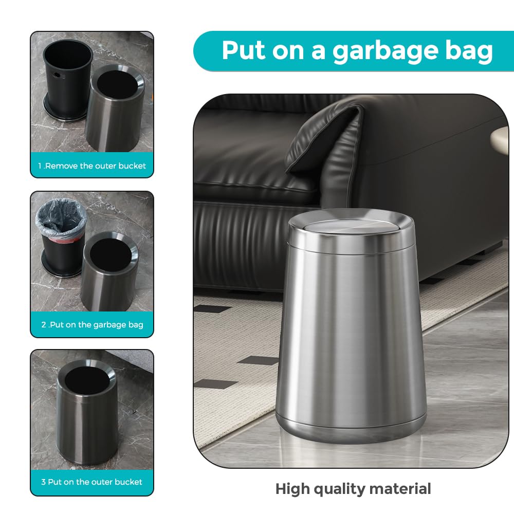 2.1 Gallon Bathroom Trash can with Lid, Small Brushed Silver Garbage Can, Stainless Steel Waste Basket for Bedroom Kitchen Office Hotel Powder Room Toilet (32A silver-8L)