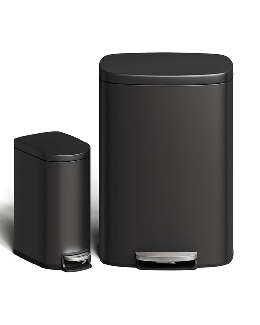 Garvee 13 Gal (50L) and 2.6 Gal (10L) Metal Trash Can Combo Set, Rustproof Garbage Can with Lid, Step-on Trash Bin with Inner Bucket, Rear Handle, Black