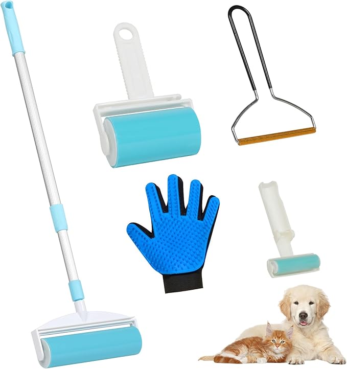 KELIXU Pet Hair Remover 5 Packs, Washable & Reusable Lint Rollers Set for Pet Hair Extra Sticky, Pet Grooming Glove Brush, Fur Removal Copper Head Scraper for Carpet, Clothes, Couch, Car Mat