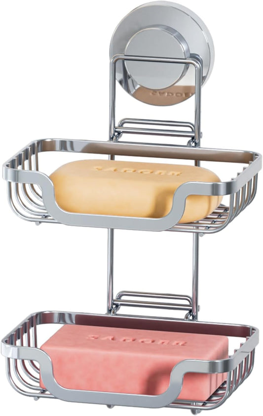 TAILI Double Layer Soap Dish Holder, Bar Soap Tray Suction Cup for Shower Wall, Draining for Bathroom, Rustproof Stainless Steel Sponge Holder for Tub, Kitchen, Drill-Free, Silver