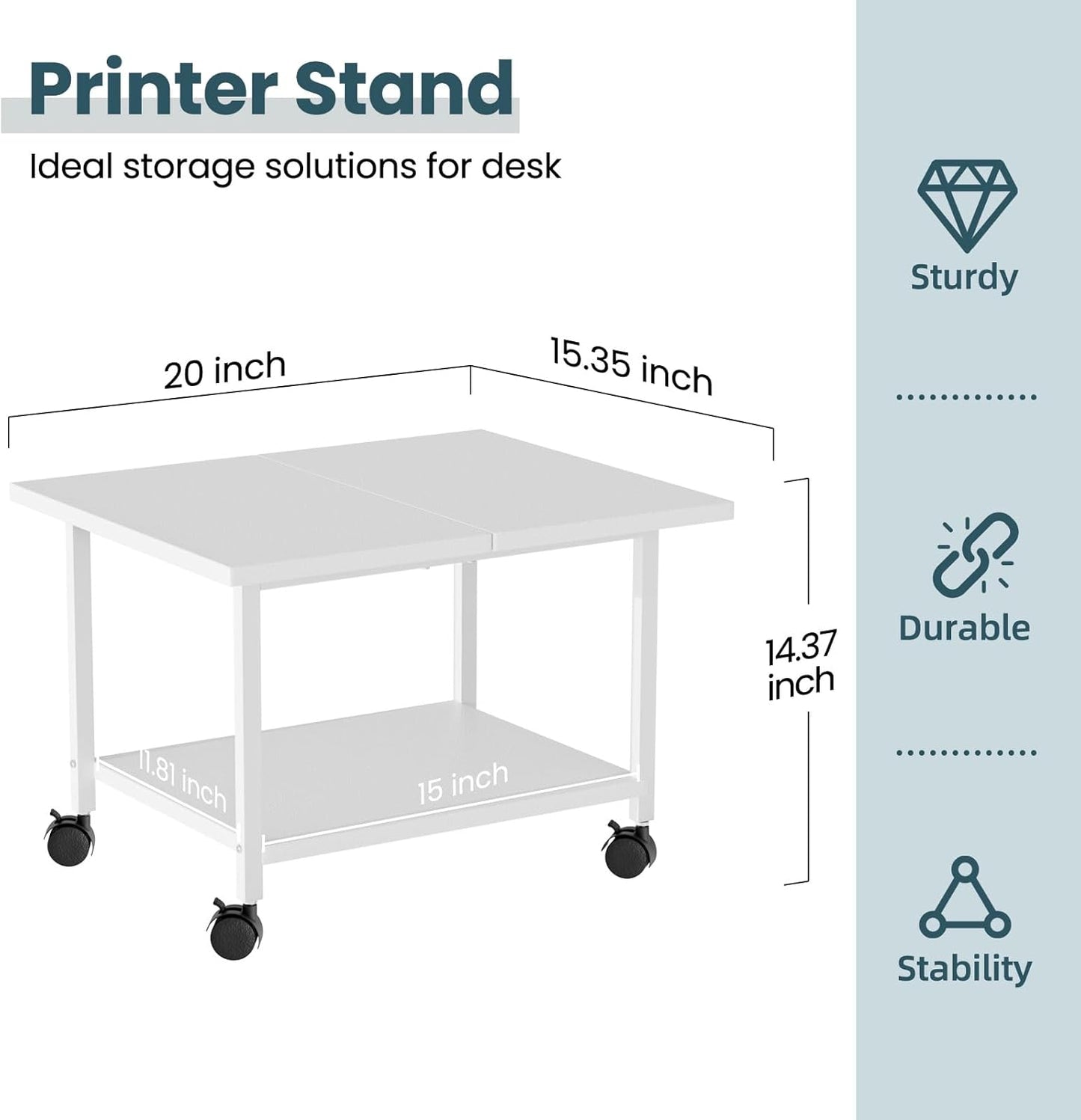 Printer Stand with Storage Under Desk Shelf, Desktop Printer Stand Organizer, Rolling Printer Cart Storage Paper Files Holder for Desk, Office, Home, (White)