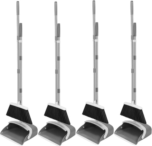 NACENA Broom and Dustpan Set, 52-in Long Adjustable Handle Broom Dustpan Combo with Dustpan Teeth to Automatically Clean Hair Suitable for Home Kitchen Office Hall Floor (Grey&White), 4 Pack