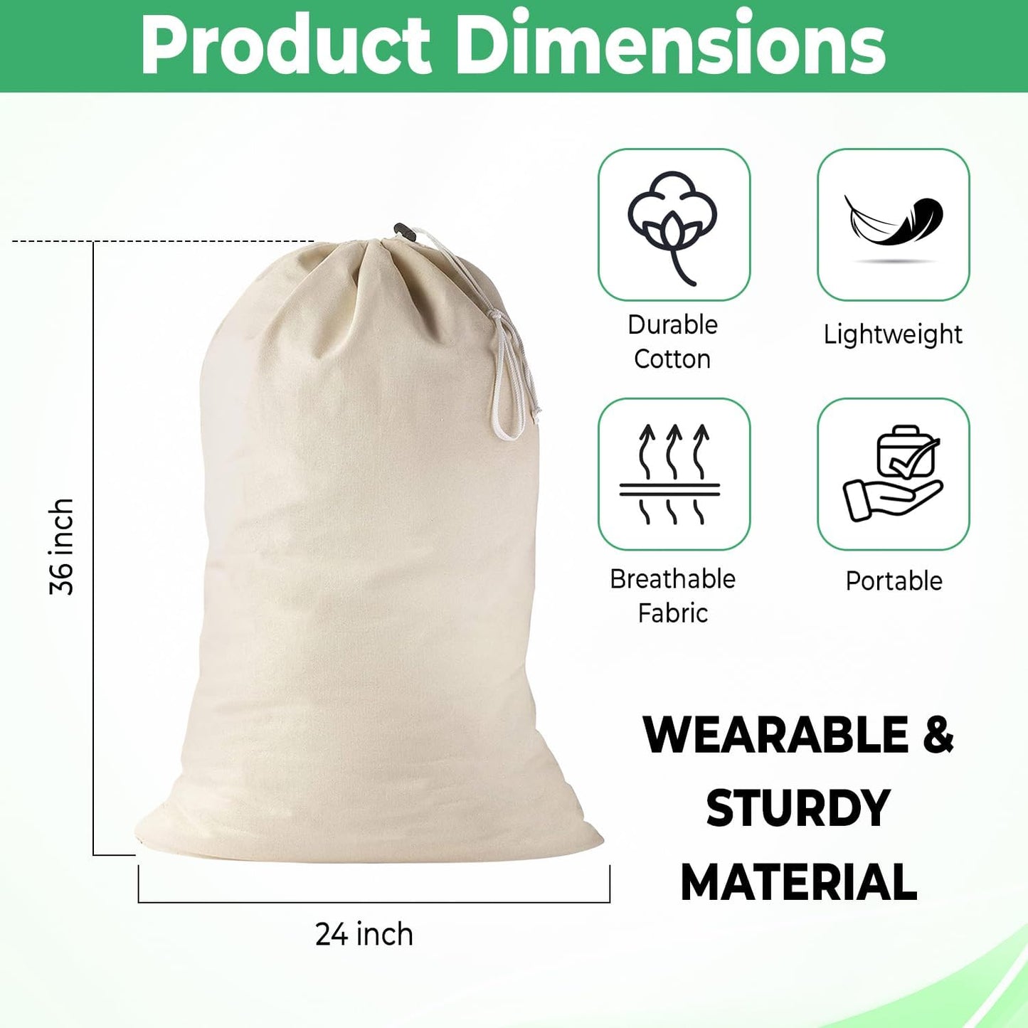 Large Cotton Laundry Bag, Heavy Duty Large Laundry Bags 24 x 36 inch Drawstring Travel Organizer Bag Fit Hamper Basket Camp (Beige, Pack of 1)