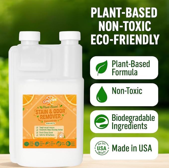 Stain & Odor Remover Concentrate (16 fl oz) – Citrus Powered Enzymatic Cleaner – Plant-Based Pet Safe Formula for Carpets, Upholstery, Hard Floors & More – USA Made, Eco-Friendly, Non-Toxic