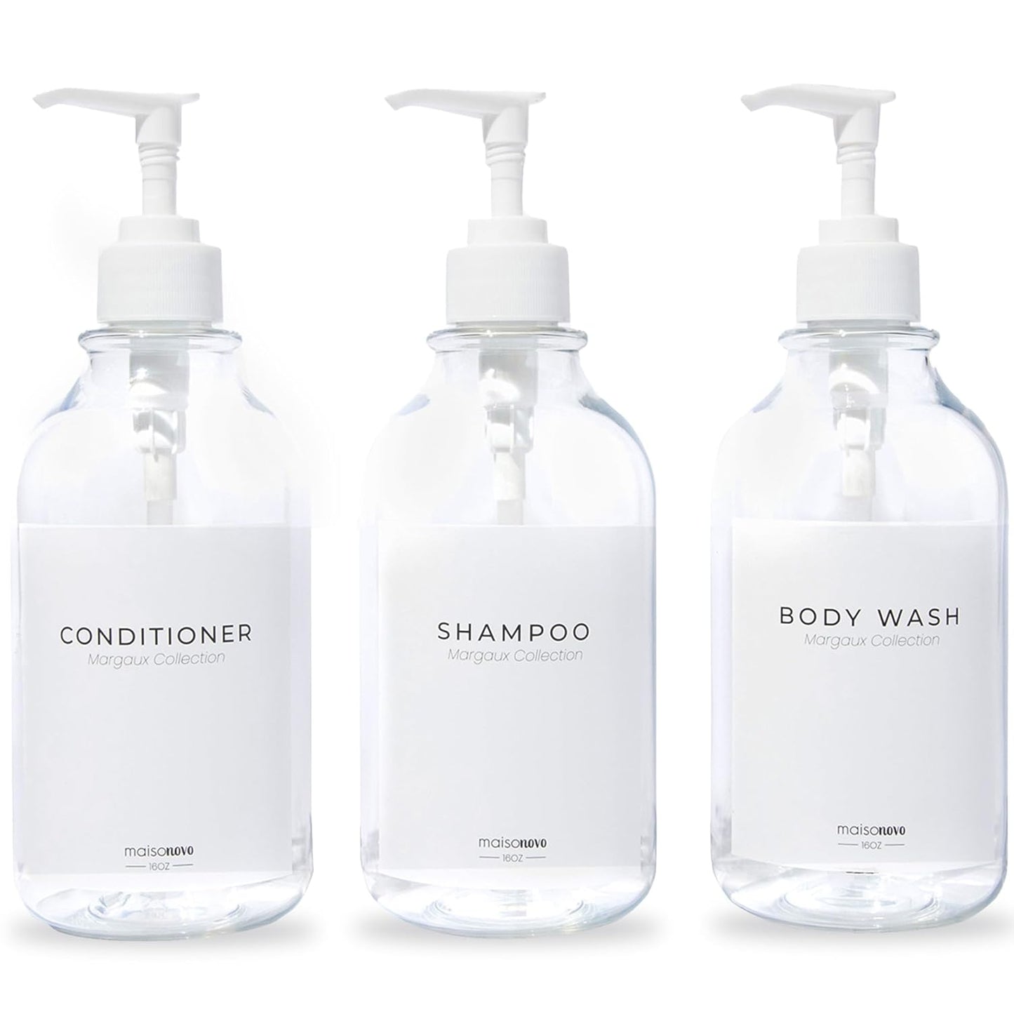 MaisoNovo Refillable Shampoo and Conditioner Bottles | 16.9 fl oz Set of 3 Clear Plastic Bottles White Pumps