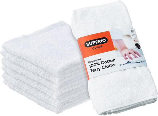 Superio Terry Cloth Rags White Washcloths 100% Cotton 12" Cleaning Cloths, Kitchen Towels, Facial Washcloth, Spa Cloths, Hand Towel, Small Lint Free Rags for Multi-Purposes (6 Pack)