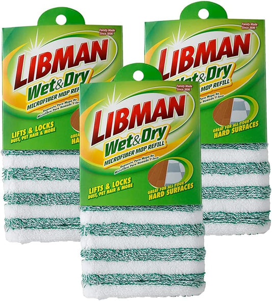 Libman Wet & Dry Microfiber Mop Refills | Dust Mop for Hardwood Floors | Wall Mop | Mops for Floor Cleaning | 3 Total Microfiber Mop Pads Included 10.5 in. x 6.5 in, Green & White