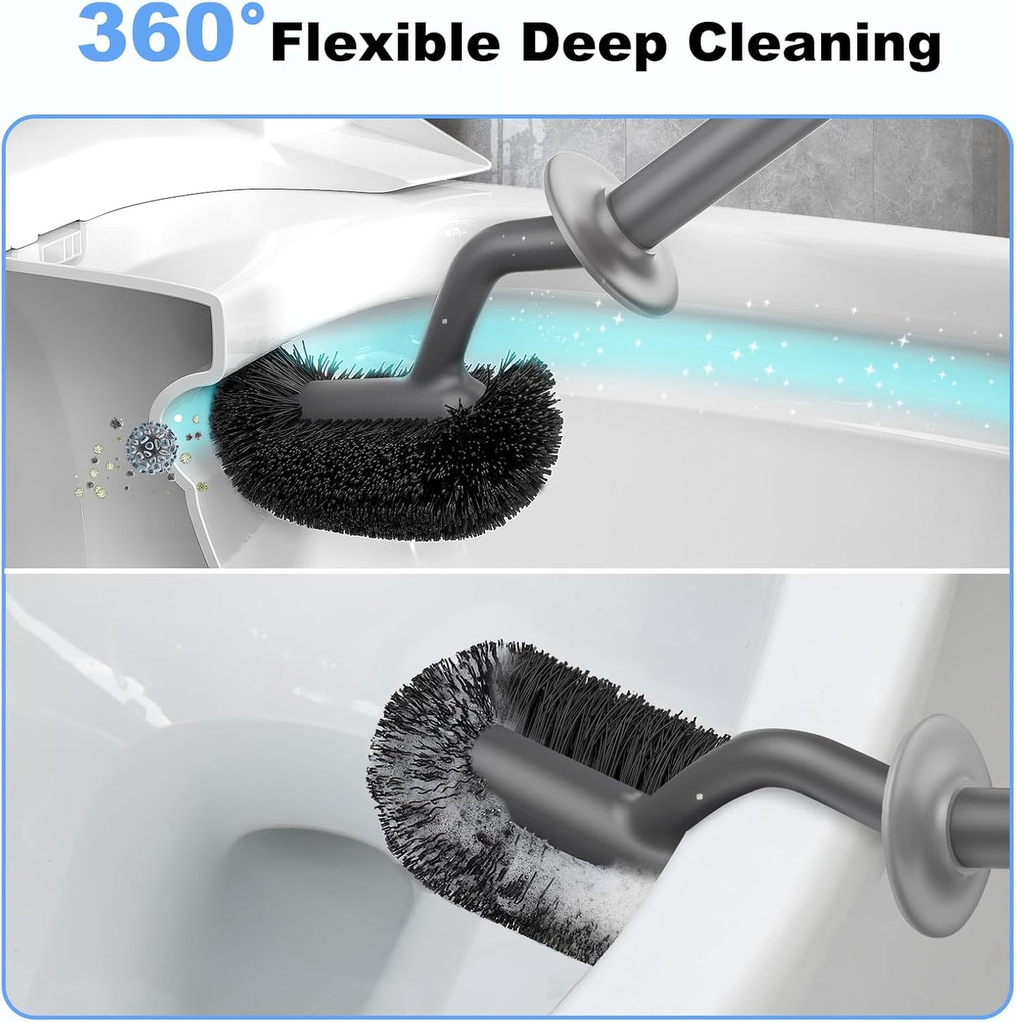 HAMITOR Toilet Bowl Brush Holder Set: Curved Design with Holder for Deep Cleaning Under Rim - Compact Hidden Scrubber for Small Space - Modern RV Bathroom Accessories - Gray