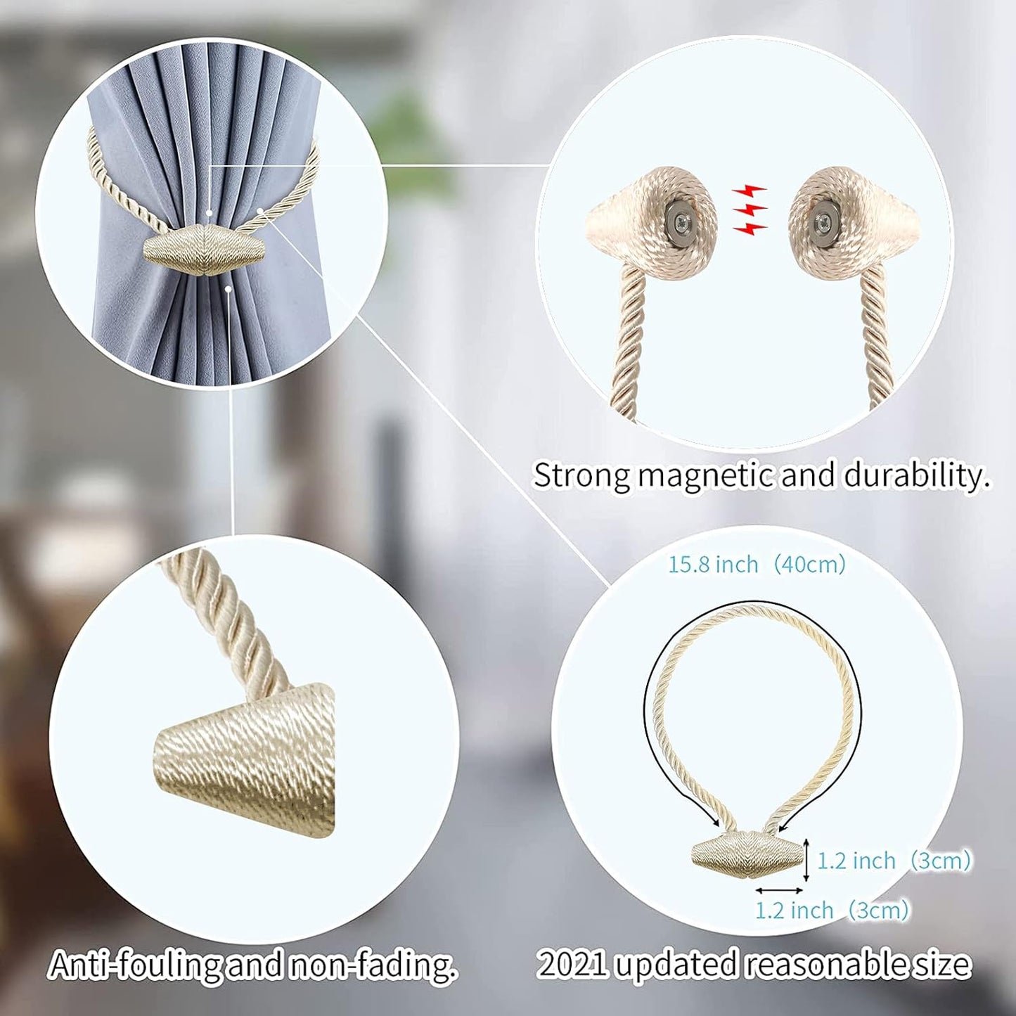 Hion Magnetic Curtain Tiebacks Beige 2pcs, Curtain Tiebacks Buckles Holdbacks Holders Hooks Clip for Home Bedroom Office Decorative Curtain