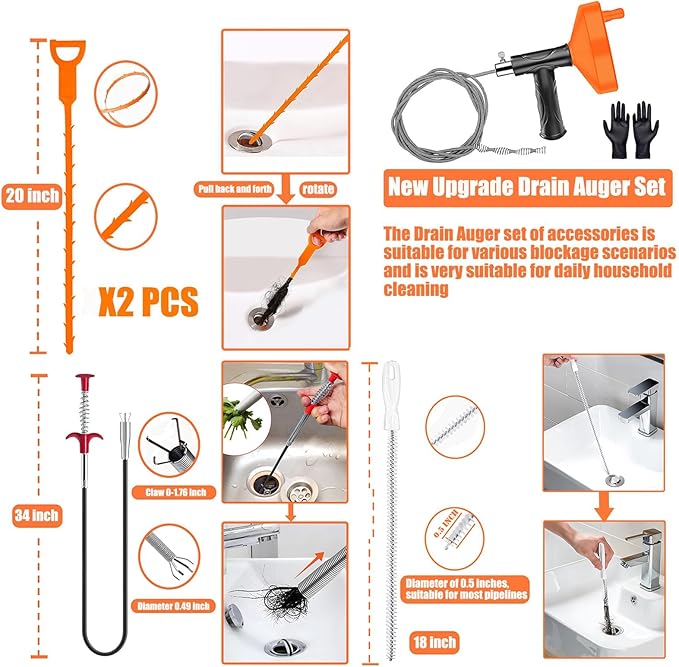 Drain Auger 33 Feet, Plumbing Snake Hair Clog Removal Tool, Heavy Duty Toilet Auger, Clog Remover Tool for Bathroom Kitchen Tub Shower Drain Clog Remover with Gloves, Orange