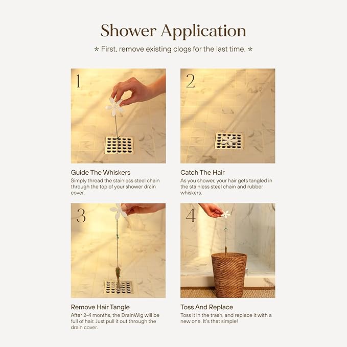 DrainWig Shower Drain Hair Catcher – Disposable White Flower (4-Pack) – No-Touch Hair Removal for Flat Shower Drains – As Seen on Shark Tank
