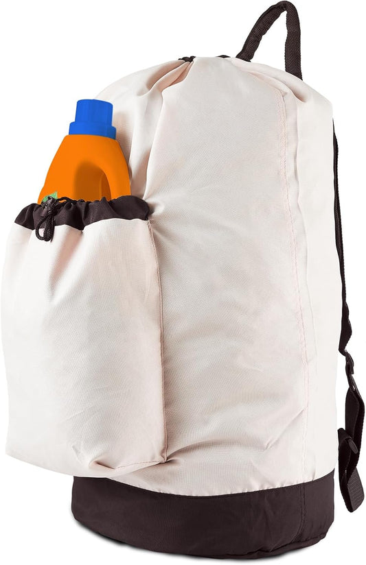 Laundry Bag Backpack with Shoulder Straps and Detergent Holder Clothes, Travel Laundry Backpack Bag Hamper for College Dorm Room (Khaki w Brown)