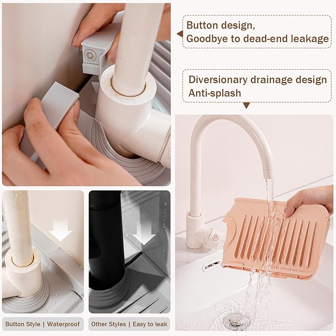 Longer Silicone Faucet Mat for Kitchen Sink – Button Style Faucet Drip Catcher & Leak-Proof Sink Splash Guard with 6° Slope, Behind Faucet Draining Mat,Gadgets for Bathroom (black, large)